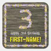 3e verjaardag: Bloemennummer, Faux Wood Look, Naam Vierkante Sticker (Voorkant)