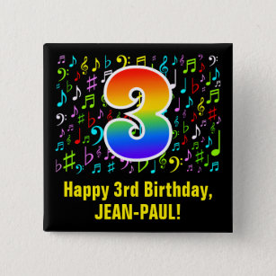 3e verjaardag: Colorful Music Symbols, Regenboog 3 Vierkante Button 5,1 Cm