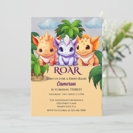 3e verjaardag Dinosaurus Feest een Dino Bash Kaart (Staand voorkant)