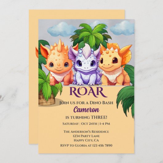 3e verjaardag Dinosaurus Feest een Dino Bash Kaart (Voorkant / Achterkant)