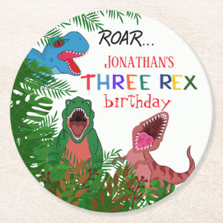3e verjaardag Drie Rex Jurasic Kind Ronde Kartonnen Onderzetter