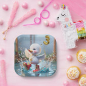 3e verjaardag eend dansen in een regen plas papieren bordje (Feest)