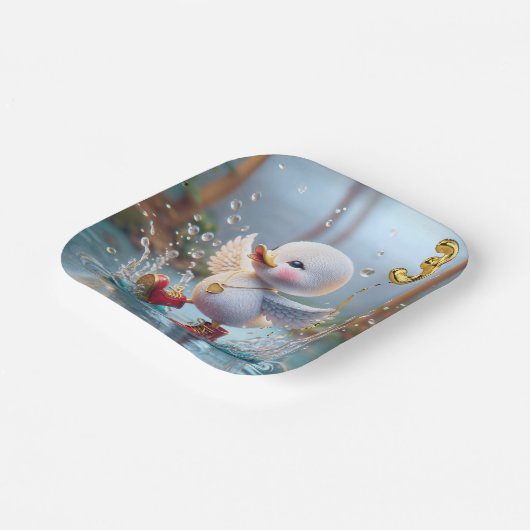 3e verjaardag eend dansen in een regen plas papieren bordje (Gebogen)