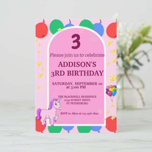 3e verjaardag eenhoorn ballonnen uitnodiging (Staand voorkant)