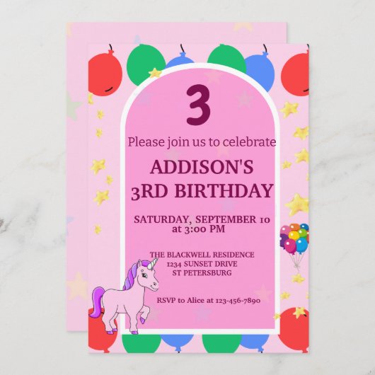 3e verjaardag eenhoorn ballonnen uitnodiging (Voorkant / Achterkant)