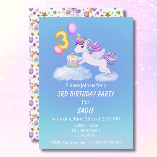 3e verjaardag eenhoorn met taart uitnodiging