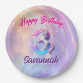 3e Verjaardag Eenhoorn Pastel Ombre Whimsical Part Papieren Bordje (Voorkant)