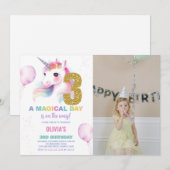 3e Verjaardag Eenhoorn Verjaardag Uitnodigingen fo (Voorkant / Achterkant)