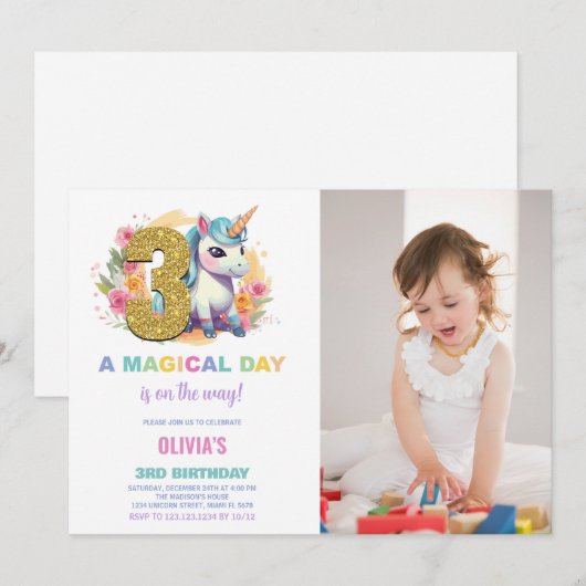 3e Verjaardag Eenhoorn Verjaardag Uitnodigingen fo (Voorkant / Achterkant)