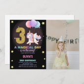 3e Verjaardag Eenhoorn Verjaardag Uitnodigingen fo (Voorkant / Achterkant)