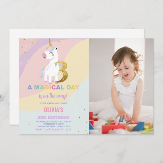 3e Verjaardag Eenhoorn Verjaardag Uitnodigingen w (Voorkant / Achterkant)