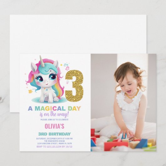 3e verjaardag Eenhoorn verjaardagsuitnodigingen fo Kaart (Voorkant / Achterkant)