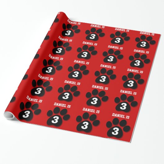 3e verjaardag Eigen naam RED BLACK Paw Prints F05 Cadeaupapier (Uitgerold)