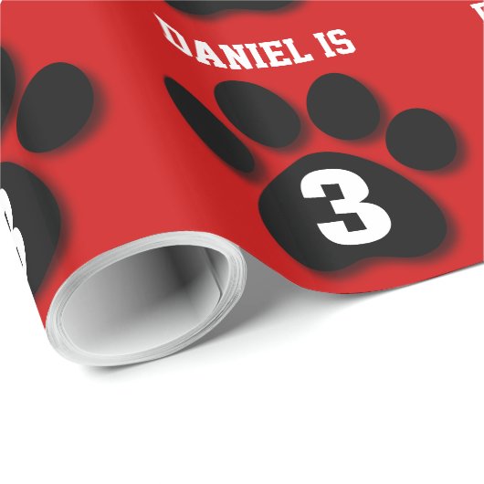 3e verjaardag Eigen naam RED BLACK Paw Prints F05 Cadeaupapier (Rol Hoek)