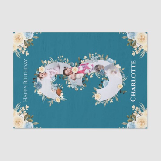 3e verjaardag Foto Collage Blauwgroen Blue Yellow  Tissuepapier (Voorkant)