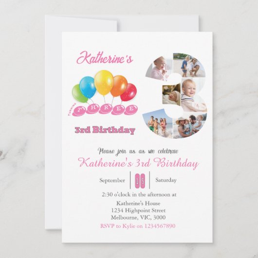 3e verjaardag foto collage nummer 3 Meisje Kaart (Voorkant)