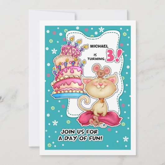 3e verjaardag | Fun Kat & Mice Custom Kaart (Voorkant)