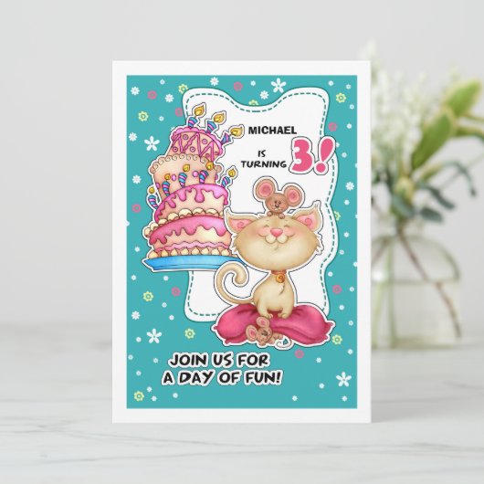 3e verjaardag | Fun Kat & Mice Custom Kaart (Staand voorkant)