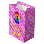 3e verjaardag: Fun roze hartstrepen & regenboog 3 Medium Cadeauzakje (Voorkant Gekanteld)
