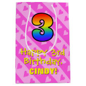 3e verjaardag: Fun roze hartstrepen & regenboog 3 Medium Cadeauzakje (Voorkant)