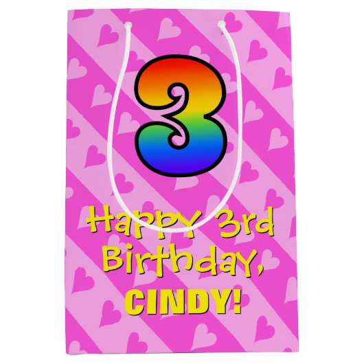 3e verjaardag: Fun roze hartstrepen & regenboog 3 Medium Cadeauzakje (Voorkant)