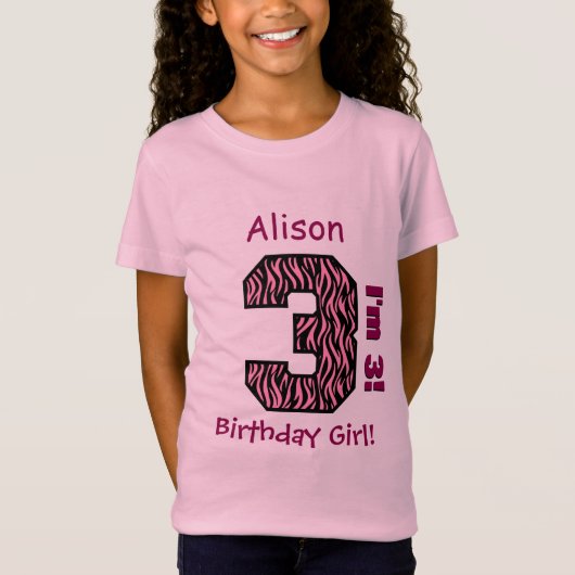 3e verjaardag Girl Pink Zebra Stripes Aangepaste n T-shirt (Voorkant)