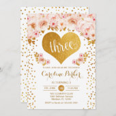 3e Verjaardag - Gouden Hart Wit Roze Bloemen Kaart (Voorkant / Achterkant)