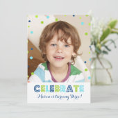 3e verjaardag groene blauwe Confetti fotouitnodigi Kaart (Staand voorkant)