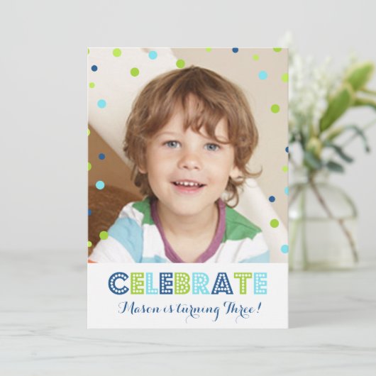 3e verjaardag groene blauwe Confetti fotouitnodigi Kaart (Staand voorkant)