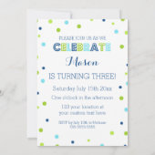 3e verjaardag groene blauwe Confetti fotouitnodigi Kaart (Achterkant)