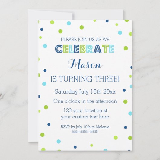3e verjaardag groene blauwe Confetti fotouitnodigi Kaart (Achterkant)