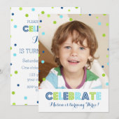 3e verjaardag groene blauwe Confetti fotouitnodigi Kaart (Voorkant / Achterkant)