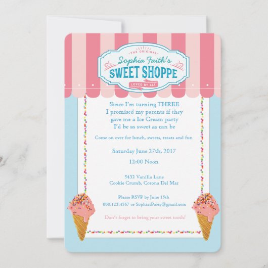 3e Verjaardag Ice Cream Party Uitnodigingen Sweet (Voorkant)