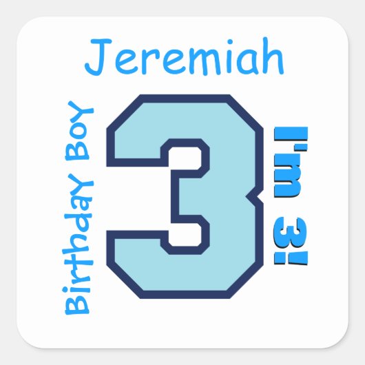 3e verjaardag Jongen Blauw Drie Jaar Oud Custom B3 Vierkante Sticker (Voorkant)