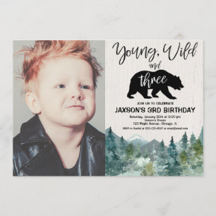 3e verjaardag jongen, jonge wilde drie rustieke fo kaart