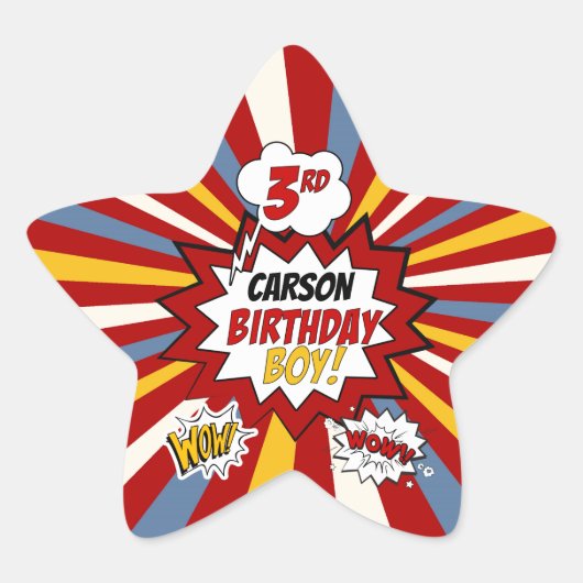 3e Verjaardag Jongen Superheld Comic met Naam Ster Sticker (Voorkant)