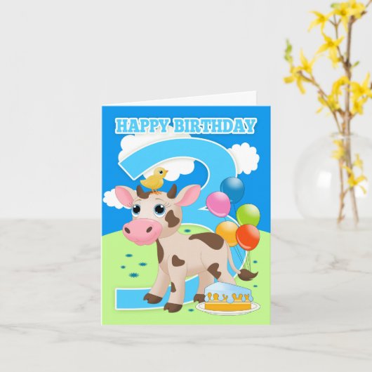 3e verjaardag Kaart met weinig Koe taart en ballon (Gele Bloem)