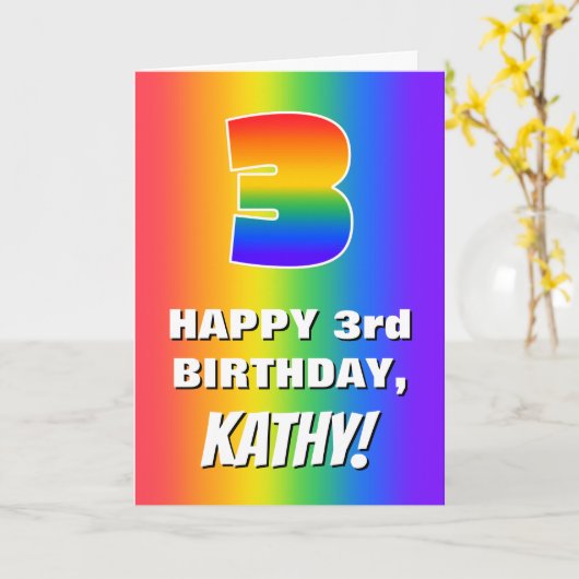 3e verjaardag: kleurrijk, vun regenboogpatroon # 3 kaart (Gele Bloem)