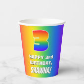 3e verjaardag: kleurrijk, vun regenboogpatroon # 3 papieren bekers (Voorkant)
