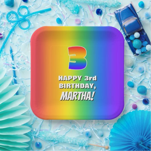 3e verjaardag: kleurrijk, vun regenboogpatroon # 3 papieren bordje (Feest)