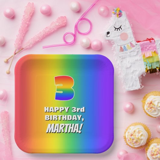 3e verjaardag: kleurrijk, vun regenboogpatroon # 3 papieren bordje (Feest)
