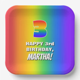 3e verjaardag: kleurrijk, vun regenboogpatroon # 3 papieren bordje