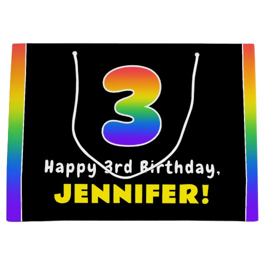 3e verjaardag: kleurrijke regenboog # 3, aangepast groot cadeauzakje (Voorkant)