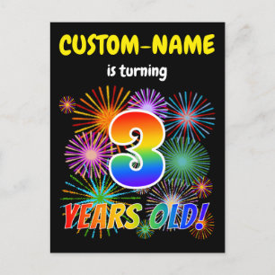 3e Verjaardag - Leuk vuurwerk, Rainbow Look "3" Briefkaart