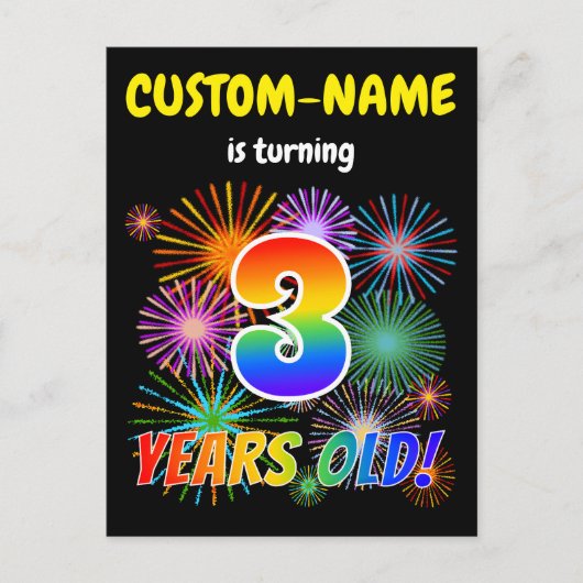 3e Verjaardag - Leuk vuurwerk, Rainbow Look "3" Briefkaart (Voorkant)