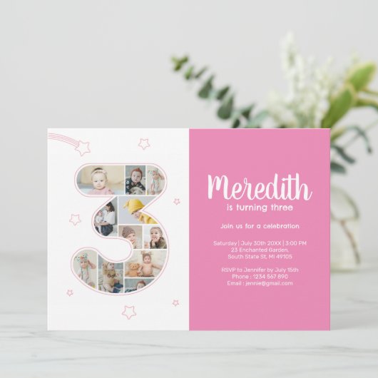 3e verjaardag meisje nummer 3 aangepaste foto coll kaart (Staand voorkant)