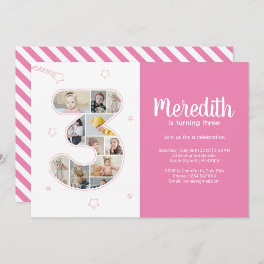 3e verjaardag meisje nummer 3 aangepaste foto coll kaart (Voorkant / Achterkant)