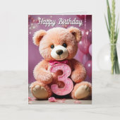 3e Verjaardag Meisje Schattige Teddy Bear & Balloo Kaart (Voorkant)