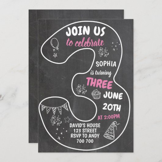 3e verjaardag meisje schoolbord nummer roze kaart (Voorkant / Achterkant)