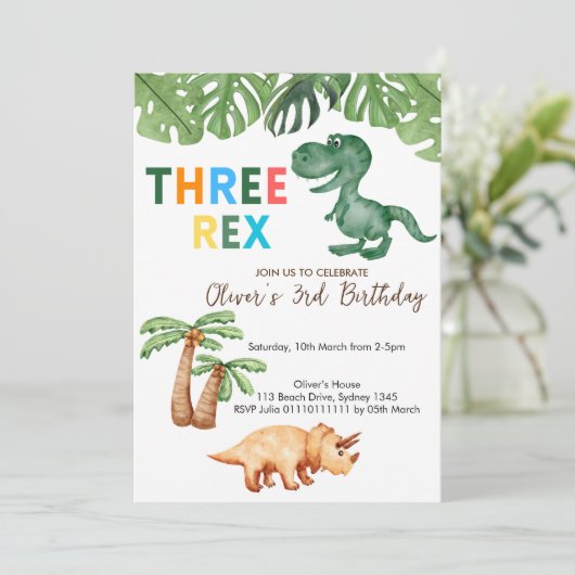 3e verjaardag met drie rex kaart (Staand voorkant)